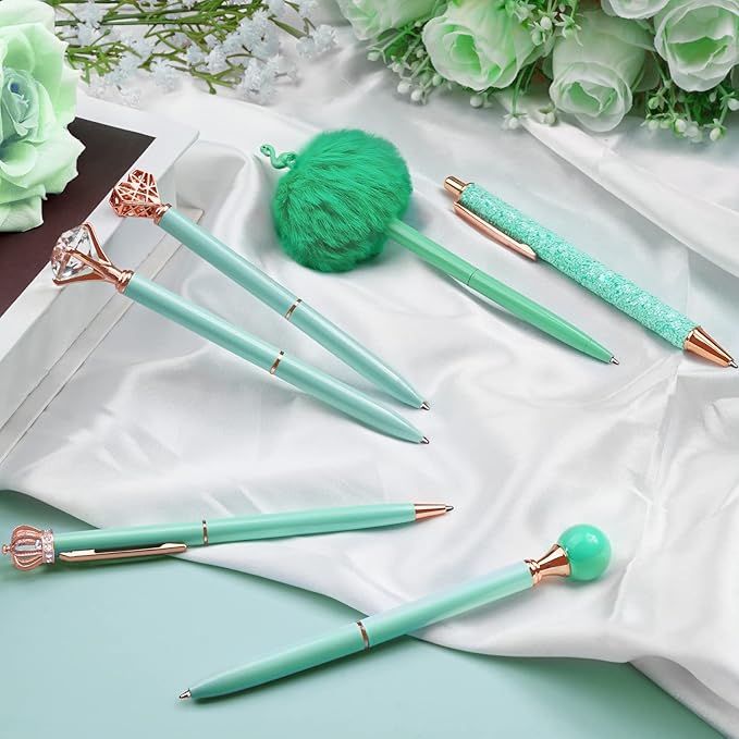 WEMATE 8Pcs Ballpoint Pens Set Metal Crystal Diamond Pen Glitter Pen for Journaling Green Pen Bling in Black & Blue Ink Pretty Cute Pens Fancy Pens Gifts for Women Wedding School Office Desk(Green)
