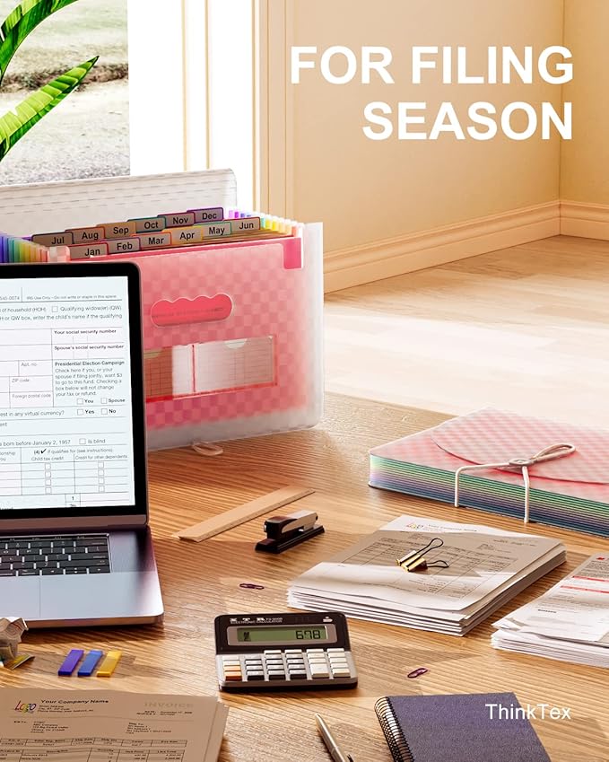 ThinkTex Accordian File Organizer, 12 Pockets Expanding File Folders, Portable Monthly Bill Receipt Organizer, Colorful Tabs, Letter/A4 Size - Pink