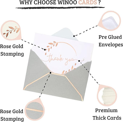 Winoo Design Heavy Duty Thank You Cards with Envelopes - 36 PK - Gold Thank You Notes 4x6 Inches Baby Shower Thank You Cards Wedding Small Business Graduation Funeral Bridal Shower (Rose Gold)