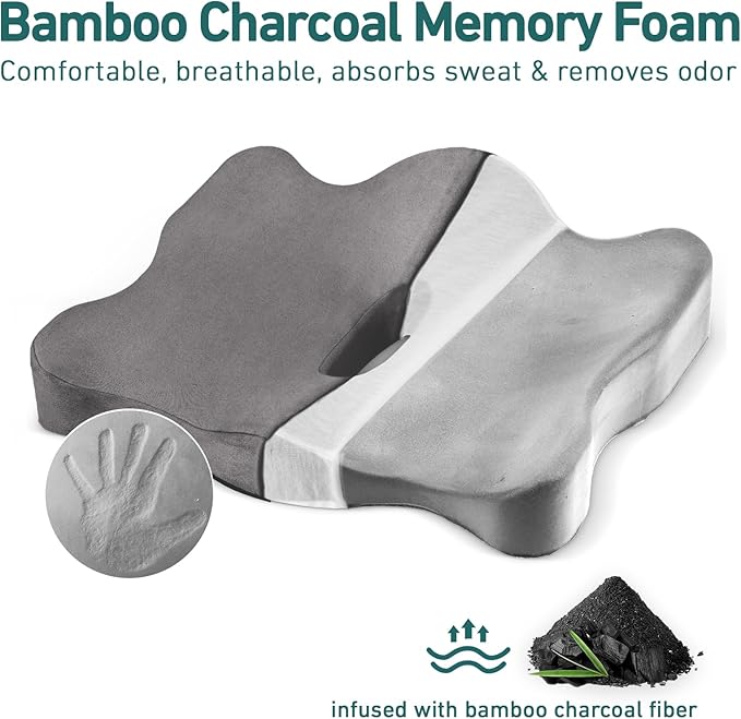 Seat Cushions for Long Sitting Office Chairs - Pressure Relief Seat Cushion, Sciatica & Back Support, Memory Foam Office Chair Cushion with a Storage Bag (Light Grey)