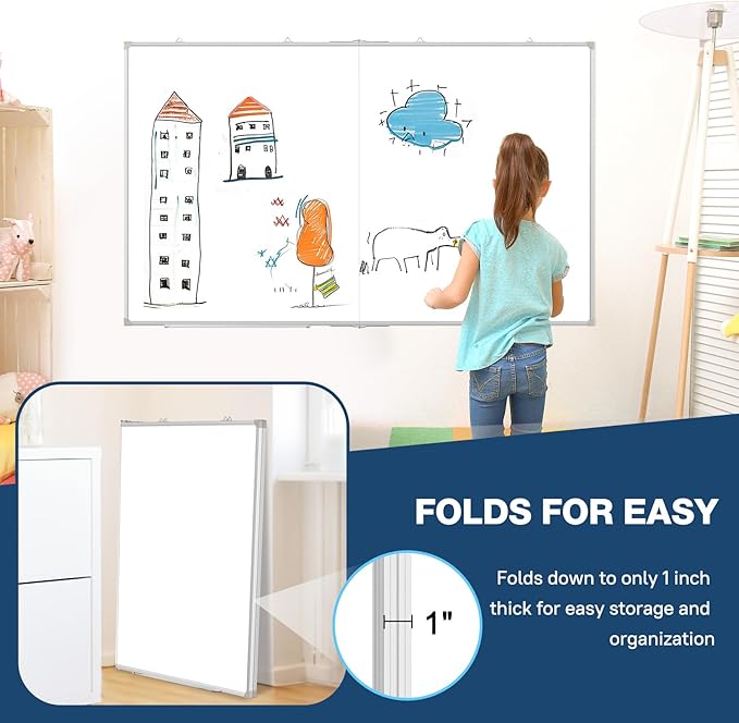WALGLASS Large White Board Dry Erase Board, 60" x 36" Double-Sided Foldable Dry Erase Board for Wall, Magnetic Whiteboard for Office, Home, School, Kitchen