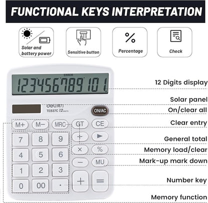 Golcellia Calculators Desktop, White Calculator, Cute Calculator 12 Digit Desk Calculator Large Display, Dual Power Solar Battery, Office Home School Supplies for Adults & Students