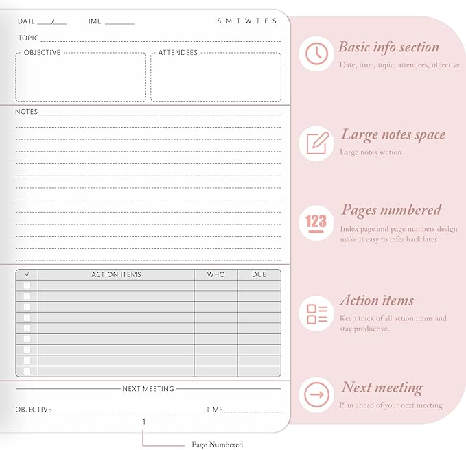 Elegant Meeting Notebook for Work with Action Items, Premium Leatherette Hardcover Meeting Planner with Numbered Pages, 7 x 10" Project Planner Notebook Meeting Notes for Men & Women