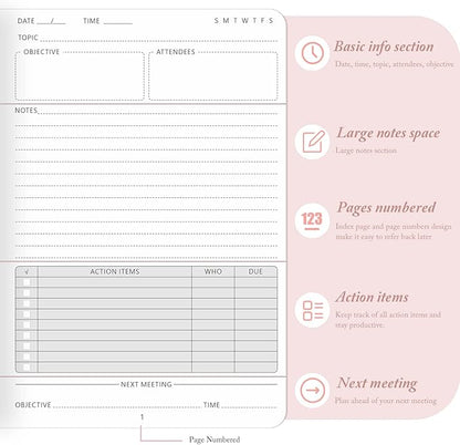 Elegant Meeting Notebook for Work with Action Items, Premium Leatherette Hardcover Meeting Planner with Numbered Pages, 7 x 10" Project Planner Notebook Meeting Notes for Men & Women