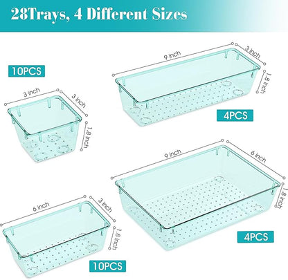 28 PCS Clear Plastic Drawer Organizers Set, 4 Size Desk Drawer Organizer Trays for Makeup, Jewelry, Kitchen Utensils, Gadgets and Office Accessories, Sea Blue