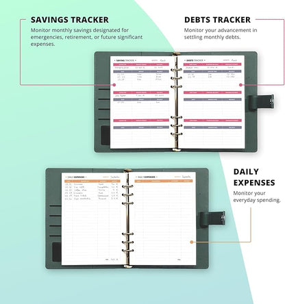 Budget Planner 12 Months Undated A5 Binder Pu Leather Hard Cover, Erasable Pen, Bill Organizer, Money Envelopes for Cash 12pcs Transparent Bags, Budget Binder with Silver Rings, Ideal Book Organizer