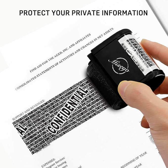 Miseyo Identity Theft Protection Roller Stamp Set - Black (6 Refill Ink Incleded)