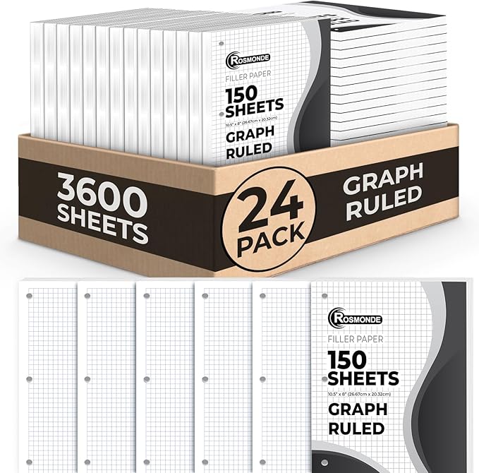24 Pack Graph Paper Bulk, 3600 Sheets, Bulk Loose Leaf Paper, 4x4 Grid Paper, 8" x 10.5", Quad Ruled Bulk Filler Paper, 54 GSM, 3 Hole Punched for Binders, Bulk Graphing Paper, Bulk Paper