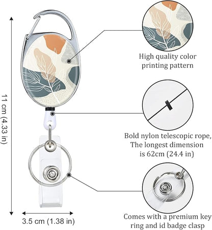 Badge Reels Retractable，Double Sided Color Print Pattern Retractable Badge Holders，with Retractable Keychain, Badge Clip and Key Ring，Durable Nylon Retractable Rope，Bohemian Leaf
