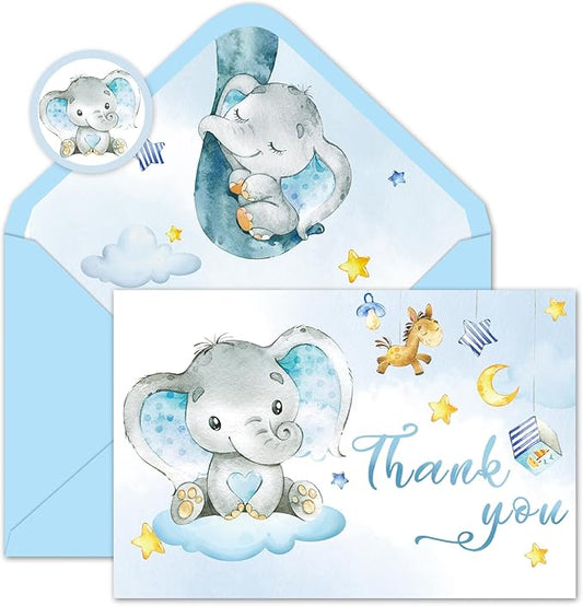 Whaline 24 Packs Elephant Thank You Cards Blue Baby Elephant Greeting Cards Cute Cartoon Blank Note Cards with Envelopes and Stickers for Baby Shower Birthday Holiday Party Supplies, 4 x 6 Inch