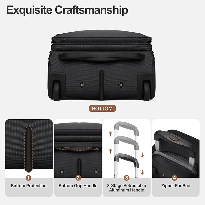 Multi-functional 16-Inch Underseat Carry on Luggage With Wheels Softside Lightweight Compact Travel Business Suitcase bag for Pilots and Crew,Black