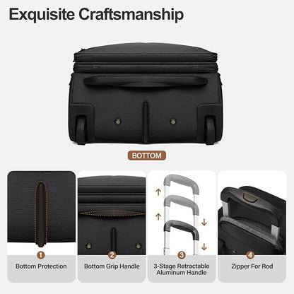 Multi-functional 16-Inch Underseat Carry on Luggage With Wheels Softside Lightweight Compact Travel Business Suitcase bag for Pilots and Crew,Black