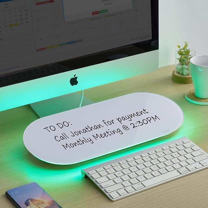 TSJ OFFICE Glass Desktop Whiteboard - 17 X 7 Inches Small Dry Erase Board with Green Light, Glass White Board Surface Notepad with 1 Drawer, Desk Organizers for Office, Home, School Supplies