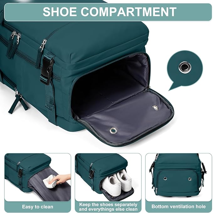 Travel Backpack Simple Durable Carry On Backpack with Shoe Compartment, Personal Item Travel Bag Flight Approved, Water Resistant Laptop Backpack for Women Men Weekender Business, Peacock Blue