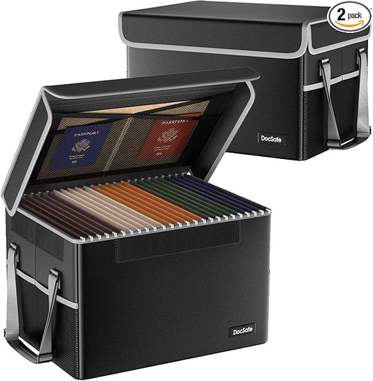 DocSafe File Box Fireproof File Storage Organizer Box with Lid,Collapsible Document Storage Filing Box for Hanging Letter/Legal Folder,Portable Home Office Safe Box Cabinet with Handle,Black,2 Pack