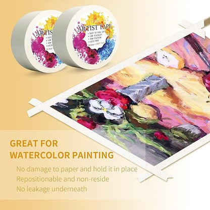 2 Packs White Artist Tape for Watercolor Paper Drafting Art Low Tack Masking Tape Acid Free Painter Watercolor Tape for Painting Canvas Framing, 2inch Wide 330FT Long Total
