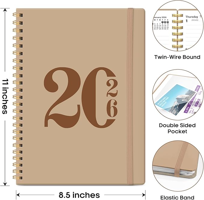 2026 Planner, Weekly and Monthly Calender Planner, Jan 2026 to Dec 2026, Hardcover 2026 Calendar Planner Book with Tabs & Inner Pocket, Office Home School Supplies for Women & Men - A4 (8.5" x 11"), Oat Brown
