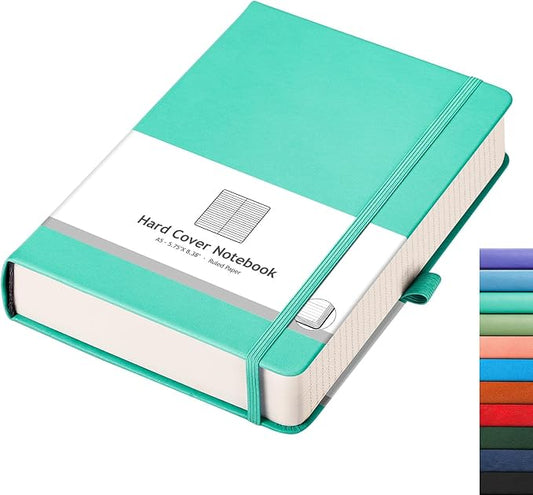 AHGXG Thick Notebook College Ruled, 320 Numbered Pages Lined Journal for Women, A5 Notebooks for Work, 100gsm Paper, Faux Leather Hardcover, for Note-Taking, 5.75'' X 8.38''-Mint