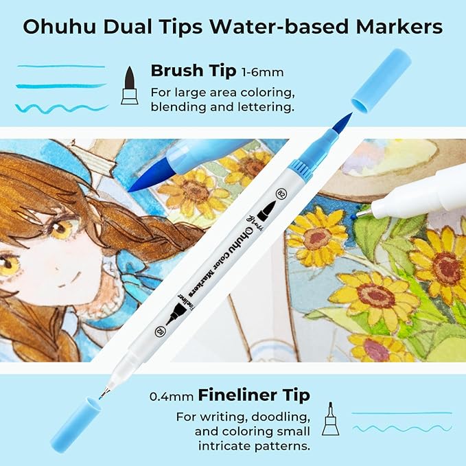 Ohuhu Markers for Adult Coloring Books No bleeding 36 Pastel Colors Coloring Markers Water-based Dual Tips Fineliner & Brush Drawing Pens Art Markers for Kids Adults Sketch Journal - Maui