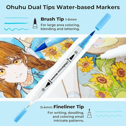 Ohuhu Markers for Adult Coloring Books No bleeding 36 Pastel Colors Coloring Markers Water-based Dual Tips Fineliner & Brush Drawing Pens Art Markers for Kids Adults Sketch Journal - Maui
