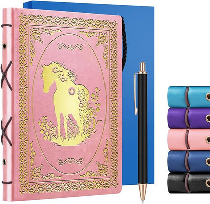 Pink A5 Horse Gifts for Women Girls Faux Leather Vintage Notebook Inspirational Horse Trainer Gift Hardcover Executive Notebook,200 Pages 120 Gsm Thick Ruled Paper With Pen,Horse Lover Gifts Equestrian Gift (Horse Pink)