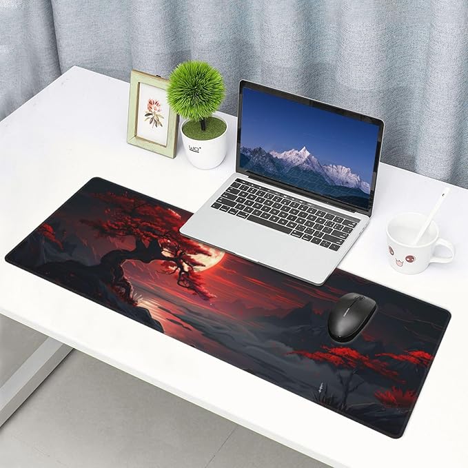 Gaming Mouse Pad Desk Pad,Extended Big Mouse Pad,31.5x11.8 Inch Long Computer Keyboard Mouse Mat Mousepad with 3mm Non-Slip Base and Stitched Edge for Gaming and Office… (Red Moon Canyon)