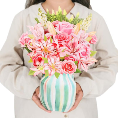 NESCCI Pop Up Cards,Pink Roses&Lilies,12 Inch Forever Flower Bouquet 3D Popup Greeting Cards With Blank Note Card and Envelope,Perfect For Birthday, Christmas, Thanksgiving Day,Mother's Day Gifts