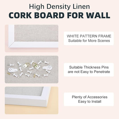 OWLKELA 20'' x 30'' Linen Bulletin Board, White Framed Corkboard, White Oak Frame Linen Cork Board, Vision Board and Decorative Hanging Pin Board