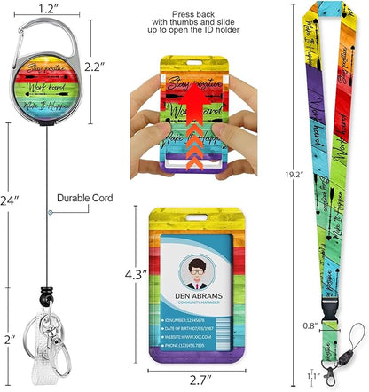 Lanyards for Id Badges, Positive Badge Holder with Retractable Reel Clip, Inspirational Quote Name Tag Keychain Rainbow Lanyard Vertical ID Card Protector for Women Nurse Doctor Teacher Student