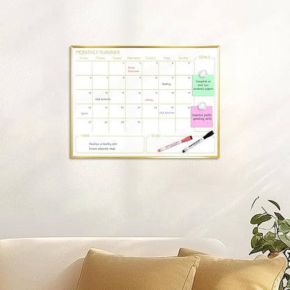 Magnetic Dry Erase Calendar Board for Wall - 24'' x 18'' Monthly Calendar Whiteboard - Gold Aluminum Frame