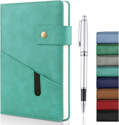 A5 Leather Journal Notebook with Pen, 200 Pages Hardcover Journal with Pocket, 100gsm Thick Lined Paper Daily Diary for Men and Women, Great Gift for Business School Travel Personal - Light Blue