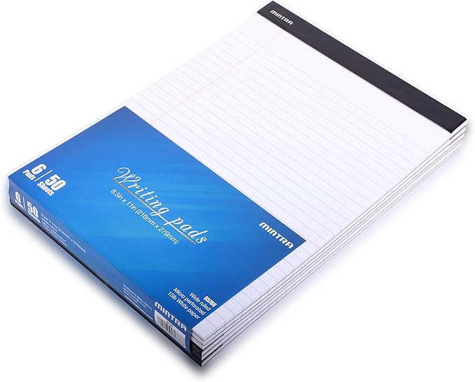 Mintra Office Legal Pads - ((BASIC WHITE 6pk, 8.5in x 11in, WIDE RULED)) - 50 Sheets per Notepad, Micro perforated Writing Pad, Notebook Paper for School, College, Office, Business