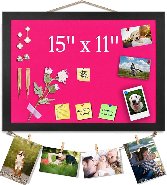 Pink Bulletin Boards Cork Board with Felt, 15"x11" Small Display Pin Board Vision Board for Walls, Jewelry, Notes, Collection, Photos, Office, Wood Framed(Black) & Felt(Pink), 1pc