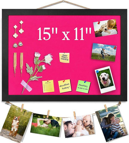 Pink Bulletin Boards Cork Board with Felt, 15"x11" Small Display Pin Board Vision Board for Walls, Jewelry, Notes, Collection, Photos, Office, Wood Framed(Black) & Felt(Pink), 1pc