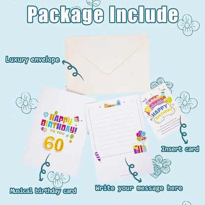 Gumry 60TH Musical Birthday PopUp Card, Blowable Colorful Light Candle 3D Cards with Song, Applause Cheers Sound, Greeting Cards Birthday Gifts Decorations for Women Men Turning 60 Years Old