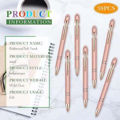 Zonon 38 Pieces Rubberized Ballpoint Pen with Stylus Tip Stylish Metal Pen Capactive Styli with Soft Rubberized Grip, Black Ink for Most Devices(Rose Gold)