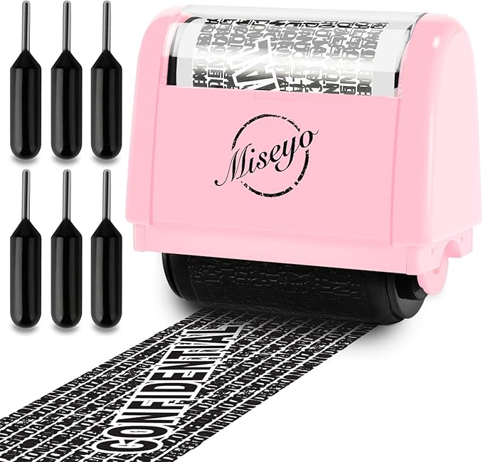 Miseyo Identity Theft Protection Roller Stamp Set - Pink (6 Refill Ink Incleded)