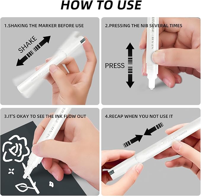 SFAIH White Paint Markers Pens - 4 Pack 2-3MM Medium Tip Acrylic White out Markers for Rock Painting, Wood, Metal, Fabric, Plastic, Canvas, Glass, Ceramic, Diy Crafts, Drawing, Tire, Correction