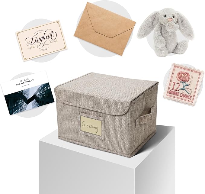 Vienrose Greeting Card Organizer Storage Box with 20 Removable Dividers, 84 Self-stick Labels, Perfect for Photos, Envelopes, Scrapbooking, Paper, Stickers Holder 2 Pack Beige