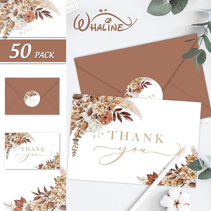 Whaline 50 Pack Boho Floral Thank You Cards Boxed Retro Flower Note Cards with Envelopes Stickers Fall Blank Cards for Thanksgiving Bridal Shower Baby Shower Wedding Supplies, 4 x 6 Inch