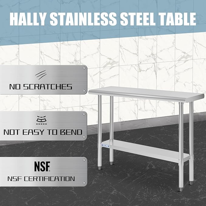 Hally Stainless Steel Table for Prep & Work 14 x 48 Inches, NSF Commercial Heavy Duty Table with Undershelf and Galvanized Legs for Restaurant, Home and Hotel