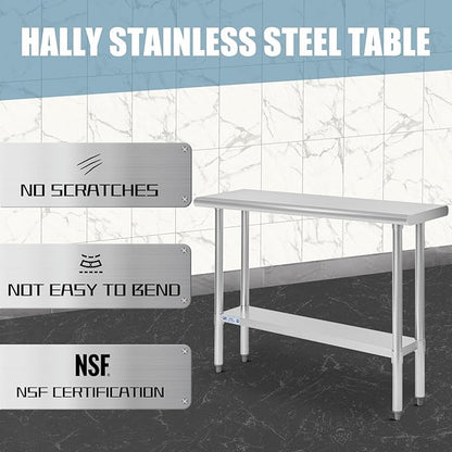 Hally Stainless Steel Table for Prep & Work 14 x 48 Inches, NSF Commercial Heavy Duty Table with Undershelf and Galvanized Legs for Restaurant, Home and Hotel