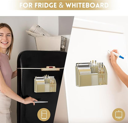 DALTACK Magnetic Pencil Holder Magnetic Shelf for the Whiteboard 3-Grid Mesh Magnetic Pen Holder for Refrigerator Magnetic Organizer Locker Accessories Organizer for Office, Golden Yellow