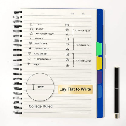 CAGIE 5 Subject Notebook With Tabs 8.5x11, College Ruled, 240 Pages Large Spiral Notebook with Dividers, A4 Notebooks for Work Organization Note Taking School, Black