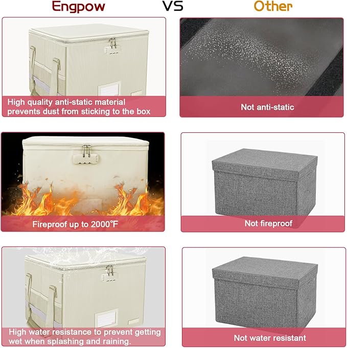 ENGPOW File Box with Lock, Fireproof Document Box with Zipper Lid,Collapsible File Storage Organizer Box Filing Box with Handle,Portable Home Office Safe Box for Hanging Letter/Legal Folder,Beige