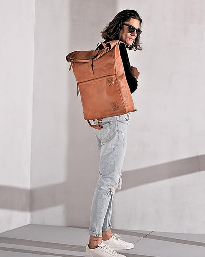 Genuine Leather Backpack for Men, Large Roll Top Backpack, Laptop Bookbag, Roll On Vintage Rucksack for College, Work & Travel, Brown, X-Large - 17.3 Inch