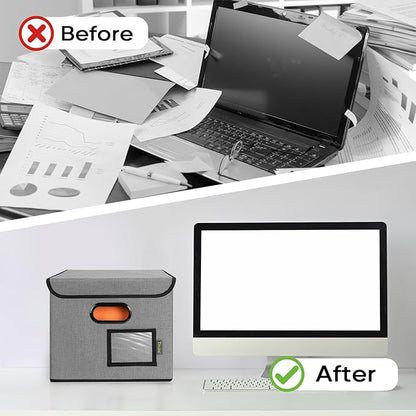 BALEINE File Organizer Box with Lid, Collapsible File Folder Organizer with Plastic Slide, Hanging File Folder Box for Office Document Storage (1 Pack, Grey)