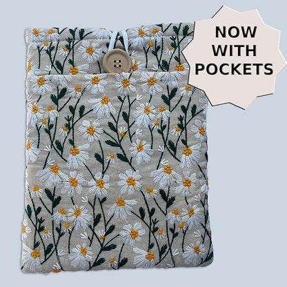 Embroidered White Daisy Book Sleeve. Book Cover/Protector