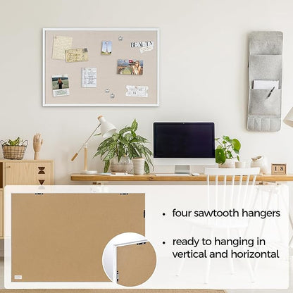 Fun Memories Cork Board Bulletin Board for Office, 24" x 36" Oak Wooden Framed Corkboard, Wall Mounted Notice Pin Board for School Home & Office, White