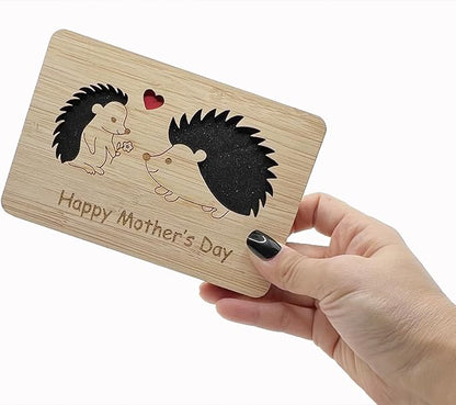 Mothers Day Cards,Handmade Bamboo Greeting Cards,Wooden Thankyou Card,Mother's day Card for Mom,Mum,Hedgehog mom